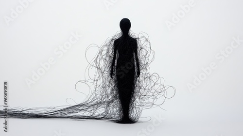 A surreal black silhouette emerging from tangled lines, symbolizing complexity and human emotion in minimalist style. photo