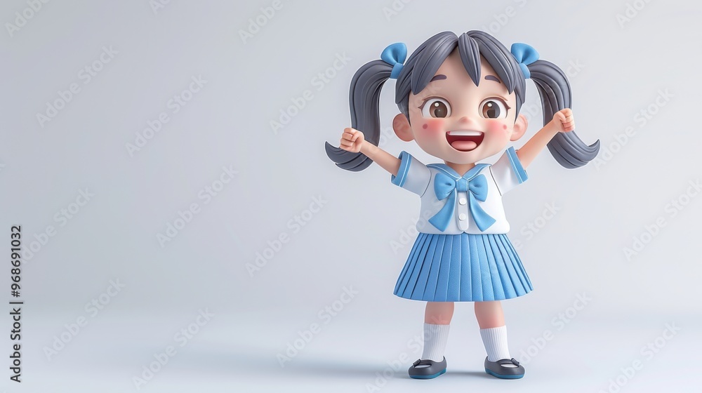 Cute style girl, 3D cartoon, wearing a school uniform, white shirt, blue skirt, tied a bow on the mat, two hair tied with bows, smiling face, on a clean background.