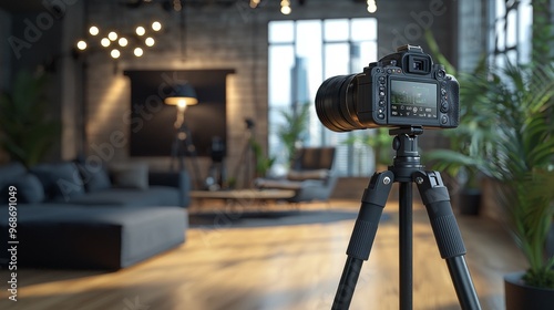 DSLR Camera on Tripod in Modern Living Room