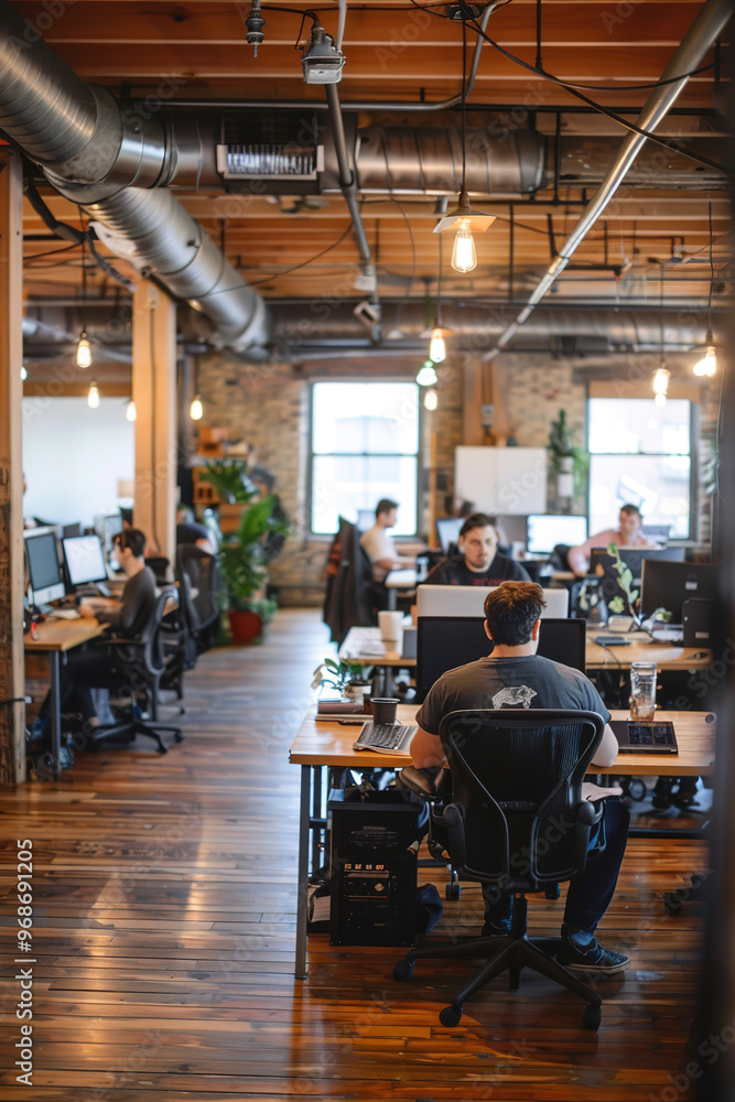 Fototapeta premium An open-plan, modern office with wooden floors and ceilings, with young people at their desks. Modern coworking space