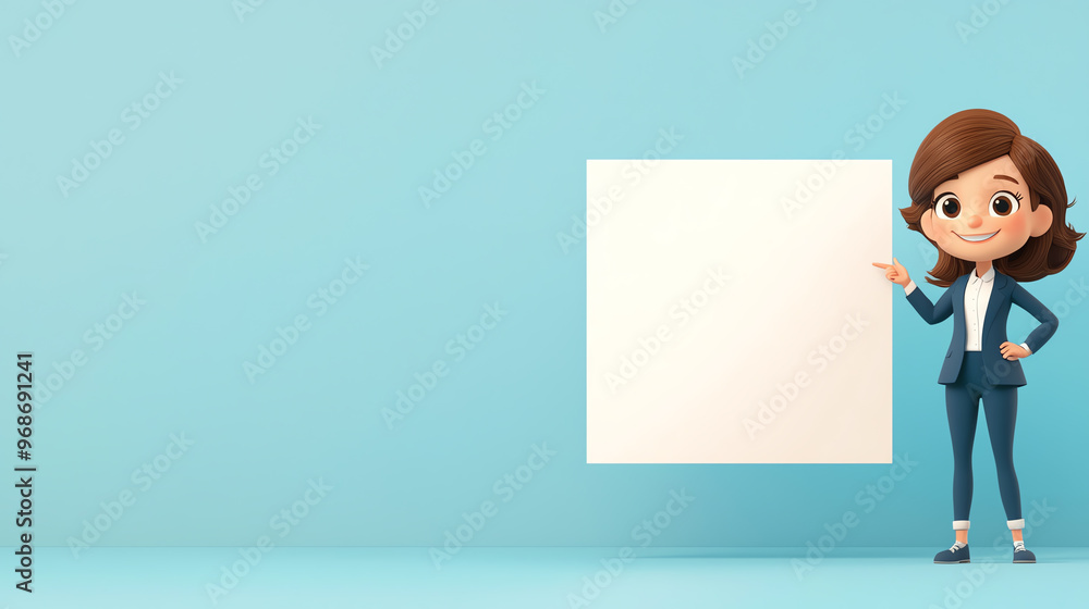 A cheerful cartoon businesswoman stands next to a blank square. Ideal for corporate presentations and marketing materials. A cheerful cartoon businesswoman stands next to a blank square. Ideal for corporate presentations and marketing materials.
