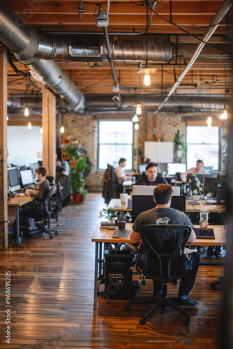 An open-plan, modern office with wooden floors and ceilings, with young people at their desks. Modern coworking space