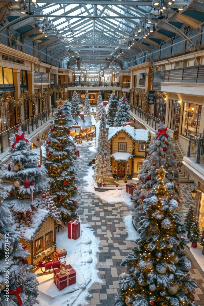 A Christmas scene with a snow-covered landscape and a sleigh with a reindeer A Christmas scene with a snow-covered landscape and a sleigh with a reindeer