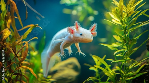 An axolotl swimming among aquatic plants in a vibrant underwater scene. photo