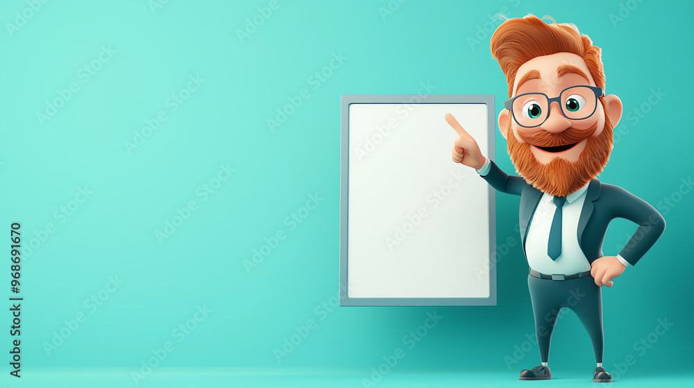 A cheerful cartoon character in a suit pointing at a blank board on a vibrant teal background. Perfect for presentations or marketing. A cheerful cartoon character in a suit pointing at a blank board on a vibrant teal background. Perfect for presentations or marketing.