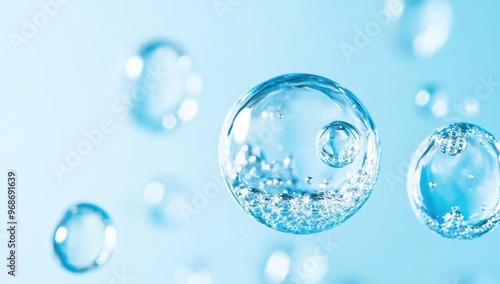 Effervescent fizz and clean cosmetics hygiene or rejuvenate renewable energy. Studio shot of transparent cosmetic blue gas bubbles under water in full-frame macro close up with selective focus blur.