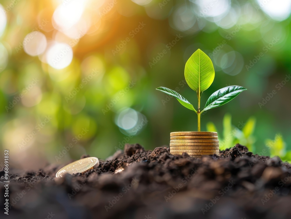 A young plant growing from soil, symbolizing growth and prosperity with coins representing investment in nature. A young plant growing from soil, symbolizing growth and prosperity with coins representing investment in nature.
