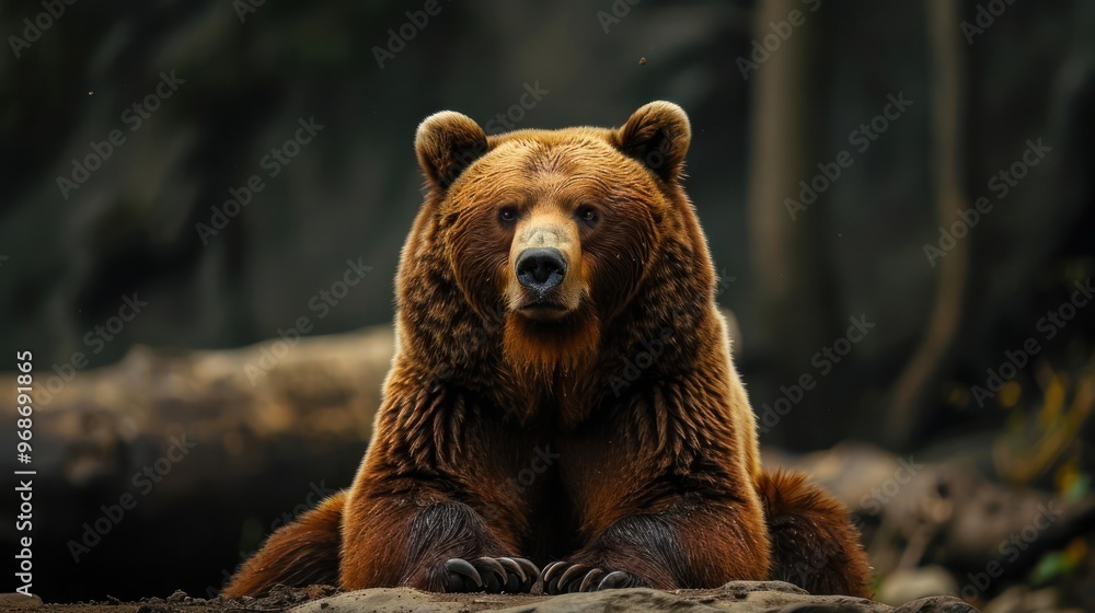 Fototapeta premium A brown bear cub peeks through the vegetation in a forested area.