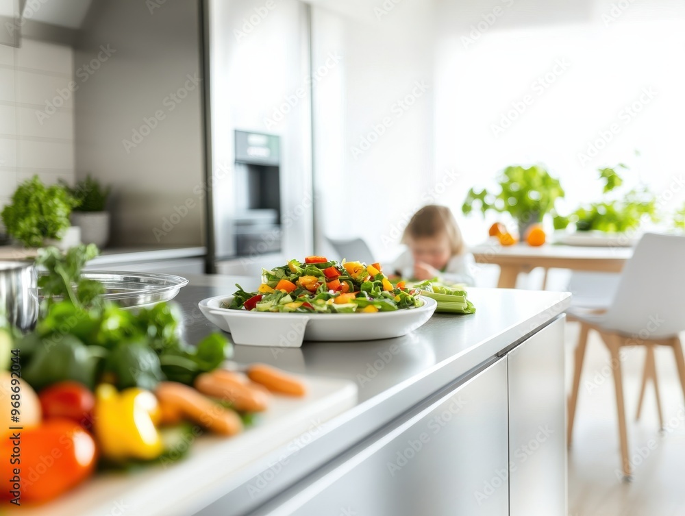 A vibrant kitchen scene featuring a colorful salad, fresh vegetables on the counter, and a child in the background. A vibrant kitchen scene featuring a colorful salad, fresh vegetables on the counter, and a child in the background.