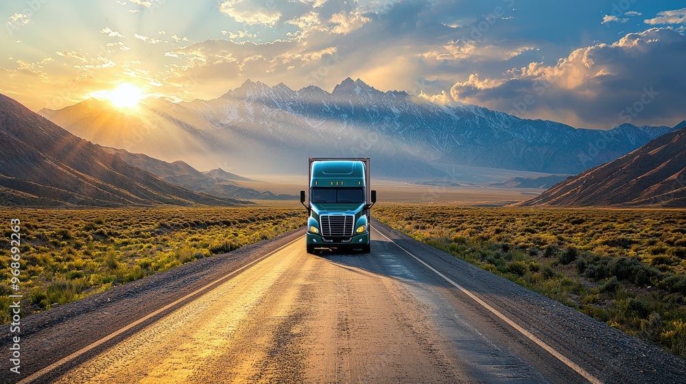 Majestic Semi-Truck on Open Highway with Stunning Mountain Range and Sunset in Background Majestic Semi-Truck on Open Highway with Stunning Mountain Range and Sunset in Background