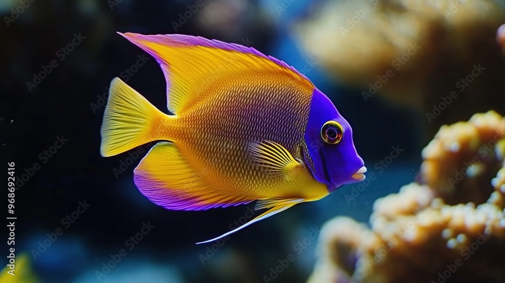 Naklejka premium Yellow and purple-colored tropical fish swimming in an aquarium