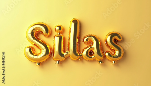 SILAS Golden 3D Balloon Letters on Solid Color Background photo