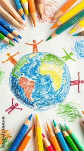 Colorful drawing of the world with stick figures around it. AI.