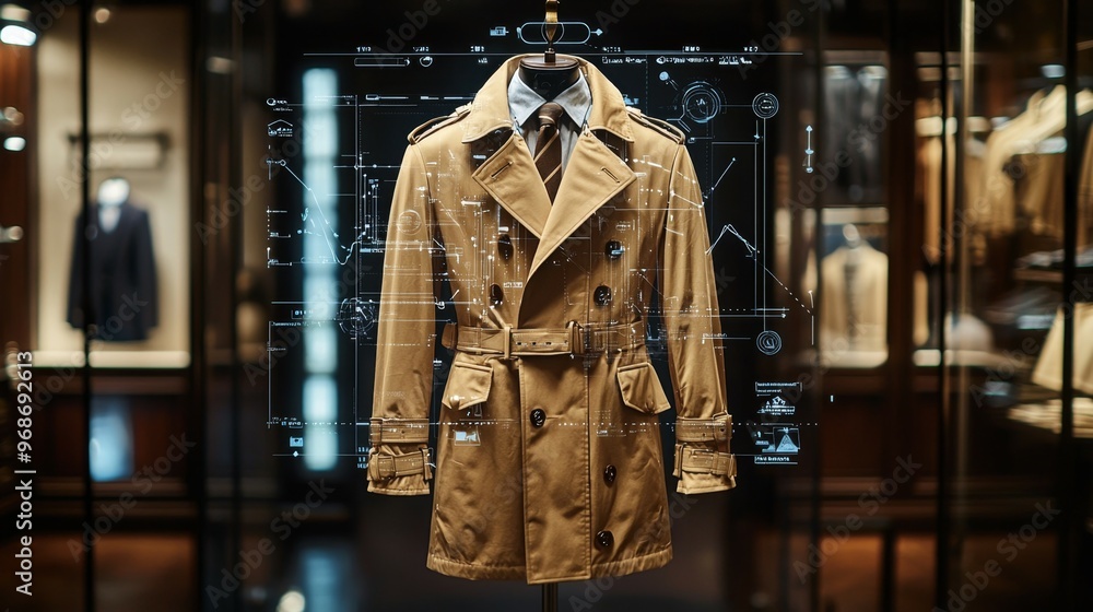 Trench Coat on Mannequin with Digital Display in Store Window Trench Coat on Mannequin with Digital Display in Store Window