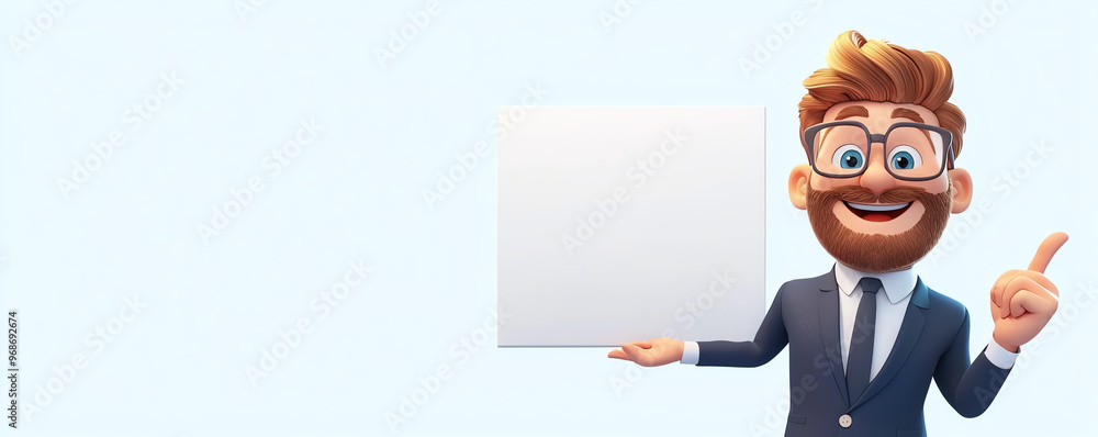 A cheerful character in a suit holds a blank sign, ready for message customization or advertising. Ideal for marketing visuals. A cheerful character in a suit holds a blank sign, ready for message customization or advertising. Ideal for marketing visuals.