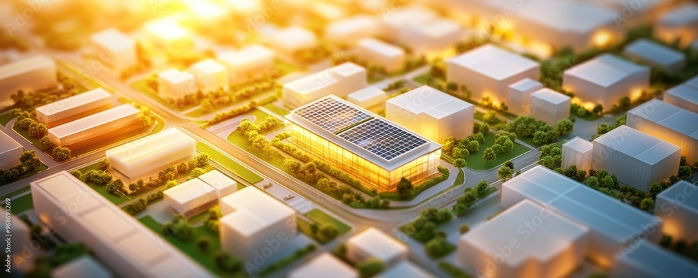 Aerial view of a modern cityscape with buildings and a solar panel installation, showcasing sustainable urban development at sunset. Aerial view of a modern cityscape with buildings and a solar panel installation, showcasing sustainable urban development at sunset.