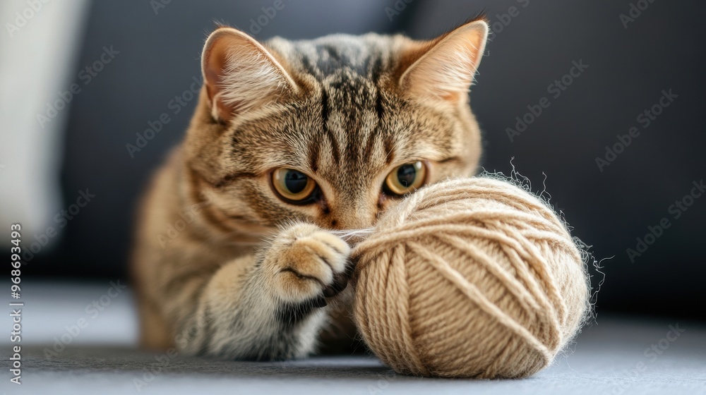 Fototapeta premium A cat playfully batting at a ball of yarn, with its claws catching the thread. 