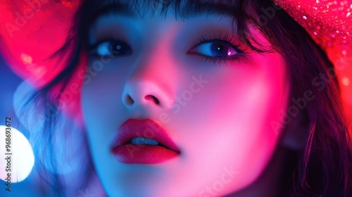 Close-up Portrait of Woman with Pink and Blue Lighting