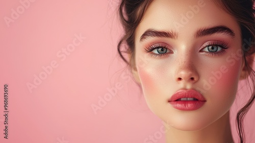 Flawless makeup application, high-quality stock image, elegant and radiant look soft pastel color background with clean copyspace