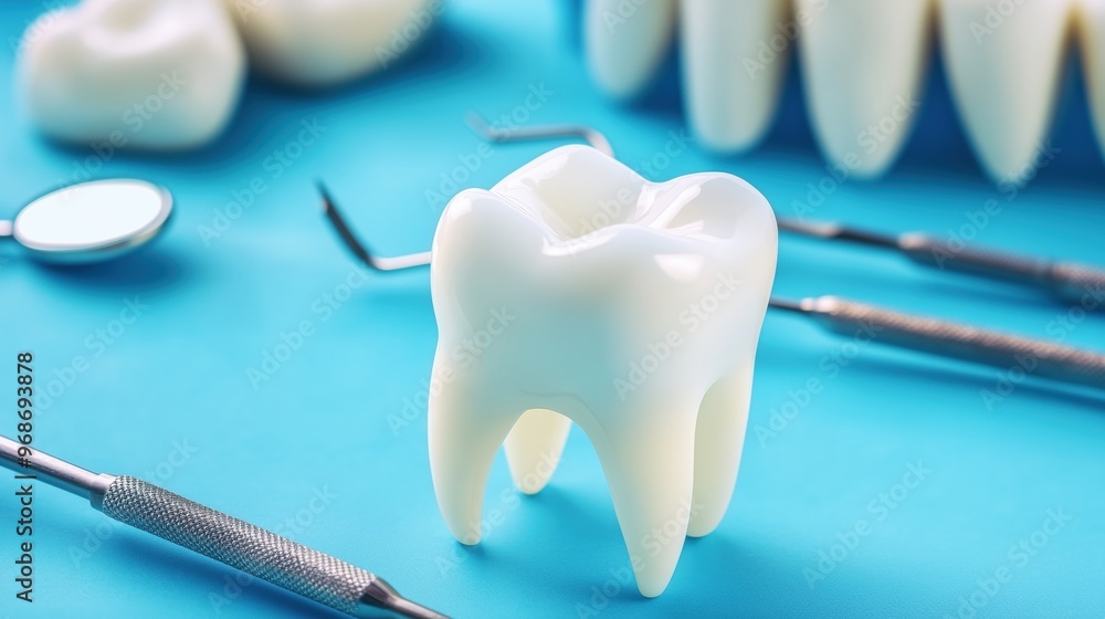 White teeth with dental tools on a light blue background White teeth with dental tools on a light blue background