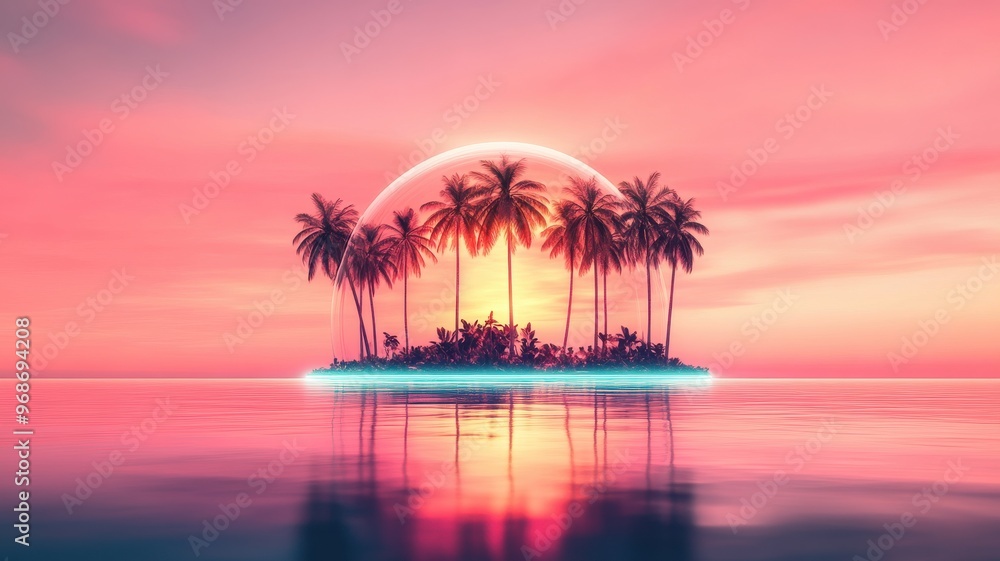 Breathtaking sunset over a tranquil island with palm trees, reflecting vibrant colors on calm waters, perfect for relaxation imagery. Breathtaking sunset over a tranquil island with palm trees, reflecting vibrant colors on calm waters, perfect for relaxation imagery.