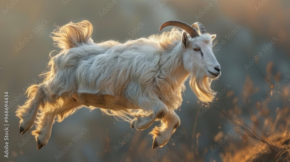 Goat running through the air with lush greenery in the background. Goat running through the air with lush greenery in the background.