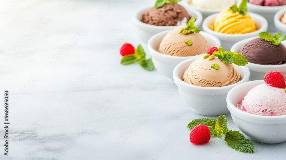 Colorful bowls of delicious ice cream arranged on a marble surface, garnished with fresh mint and raspberries for a tempting treat. Colorful bowls of delicious ice cream arranged on a marble surface, garnished with fresh mint and raspberries for a tempting treat.