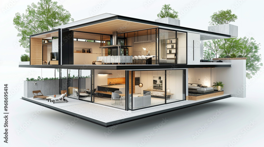 A 3D rendering of a modern home cross-section highlighting a stylish kitchen island, a contemporary bathroom with sleek fixtures, and a spacious living area with high ceilings. A 3D rendering of a modern home cross-section highlighting a stylish kitchen island, a contemporary bathroom with sleek fixtures, and a spacious living area with high ceilings.
