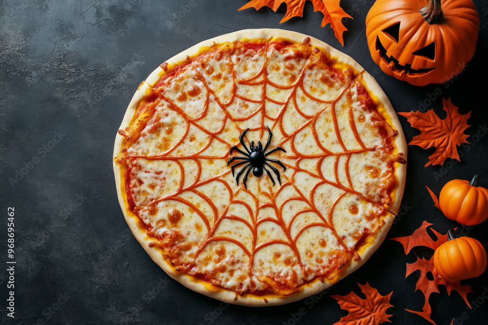 Pizza with cheese spider web toppings, black olives, and spider decorations on black background with pumpkin. Halloween Pizza with cheese spider web toppings, black olives, and spider decorations on black background with pumpkin. Halloween