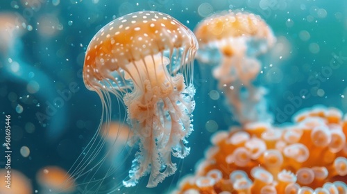 Vibrant marine life, including a prominent sea anemone and various coral formations, photo