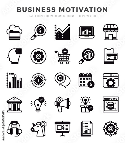 Business Motivation Icons Pack Lineal Filled Style. Vector illustration.