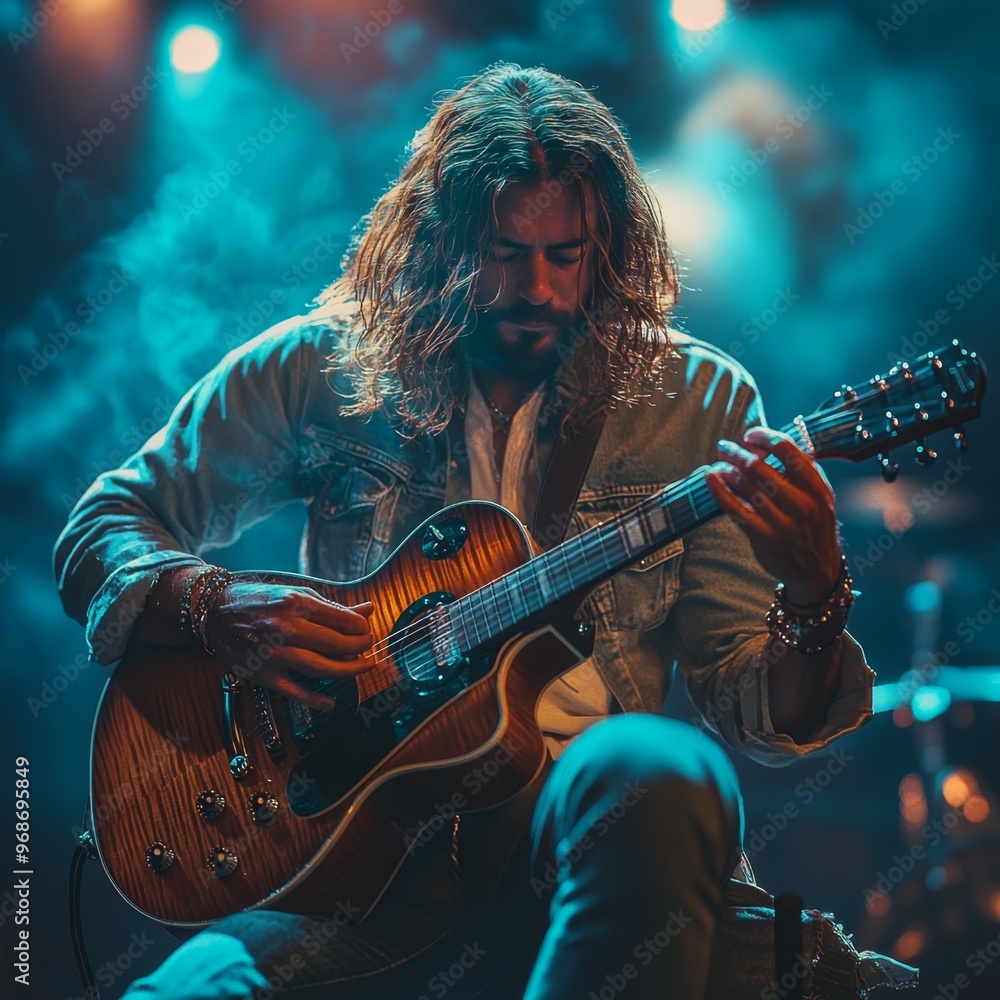 Obraz premium Guitarist Performing on Stage Under Blue Lights