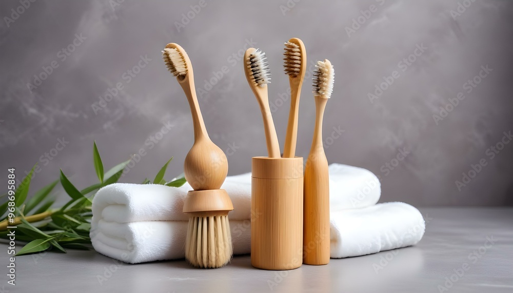 Eco toothbrushes. Bamboo toothbrushes cup, natural soap, plastic free ear sticks, wooden hair brush and white towels on gray stone background Eco toothbrushes. Bamboo toothbrushes cup, natural soap, plastic free ear sticks, wooden hair brush and white towels on gray stone background