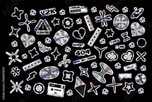 Big set of holographic stickers in y2k style. Vector design elements for advertising materials, social networks