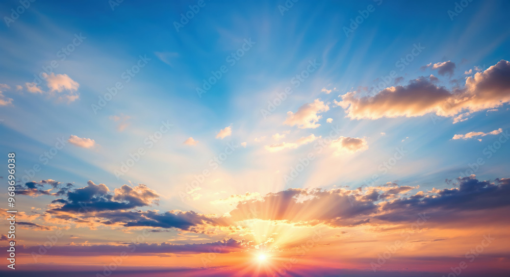 The sun is setting below the horizon, creating a vibrant orange and purple sky with sunbeams shining through the clouds. High quality photo The sun is setting below the horizon, creating a vibrant orange and purple sky with sunbeams shining through the clouds. High quality photo