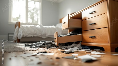 Disturbed bedroom with drawers pulled out and clothes scattered on the floor, portraying the chaos after a break-in photo