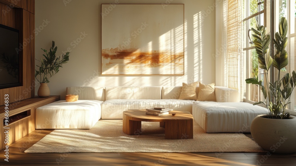 A modern minimalist interior design of a comfortable living room. Warm lighting creates a relaxing feeling while relaxing at home. A modern minimalist interior design of a comfortable living room. Warm lighting creates a relaxing feeling while relaxing at home.