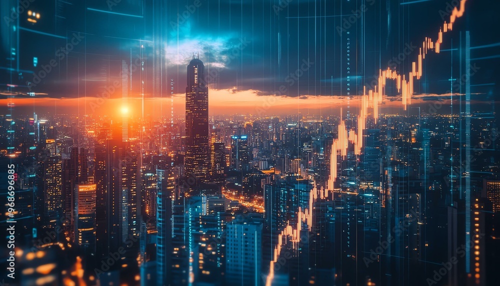 A stunning view of a city skyline at sunset, featuring a rising graph overlay to symbolize economic growth and investment. A stunning view of a city skyline at sunset, featuring a rising graph overlay to symbolize economic growth and investment.