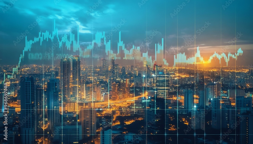 Dynamic cityscape with financial data overlay, showcasing urban growth and technological advancement at sunset. Dynamic cityscape with financial data overlay, showcasing urban growth and technological advancement at sunset.