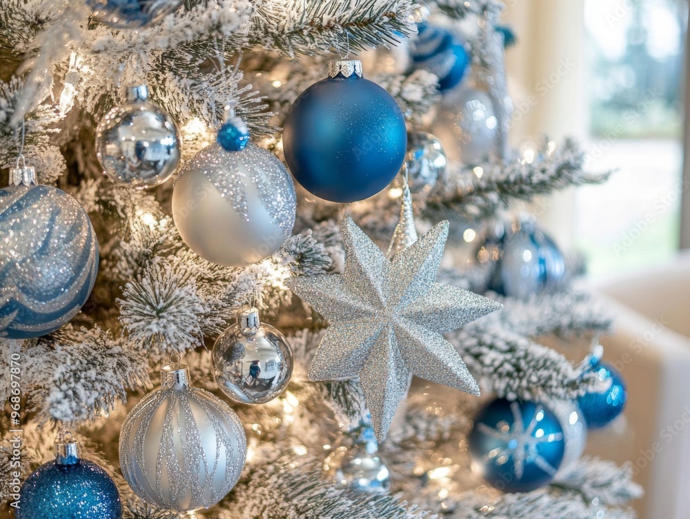Blue and Silver Christmas Ornaments on a Snowy Tree Blue and Silver Christmas Ornaments on a Snowy Tree