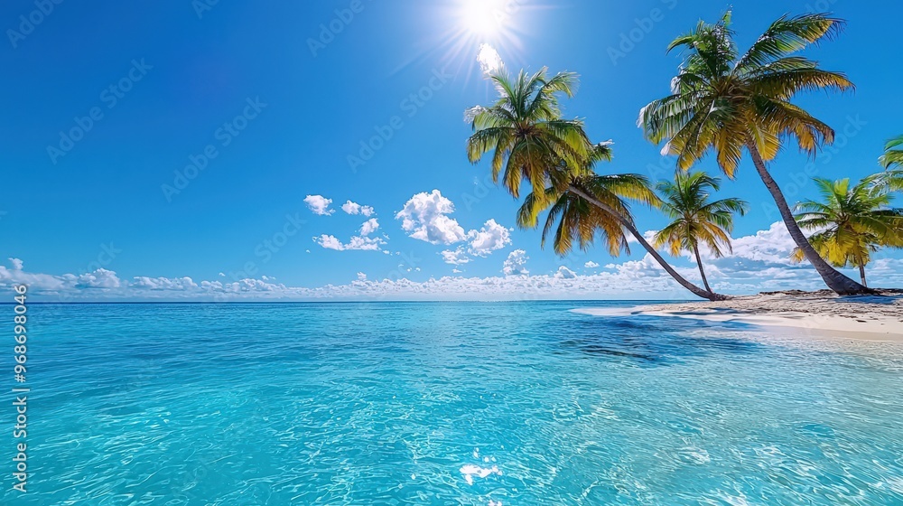 A stunning tropical beach scene featuring vibrant palm trees, clear blue water, and a bright sun shining in a clear sky. A stunning tropical beach scene featuring vibrant palm trees, clear blue water, and a bright sun shining in a clear sky.