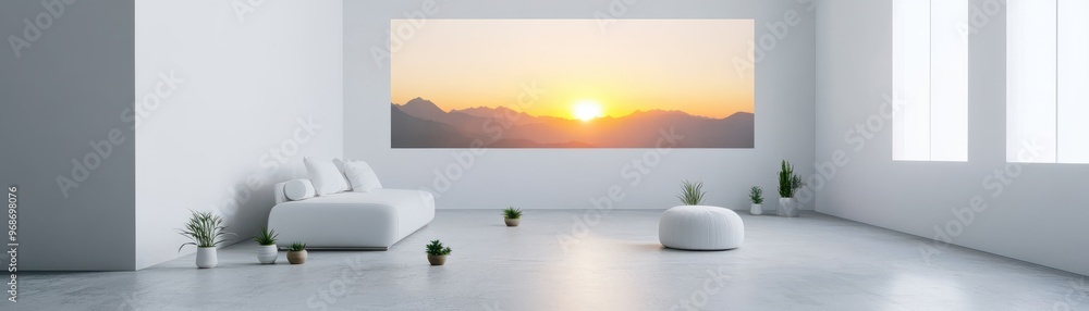 Fototapeta premium Modern interior with a soothing sunset view, enhancing tranquility and elegance in a minimalist living space.