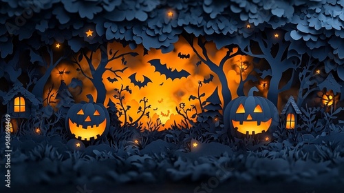 3D hallowween pumpkin Use black paper to cut out detailed silhouettes of classic Halloween symbols like jack-o'-lanterns, witches, bats, ghosts, and skeleton