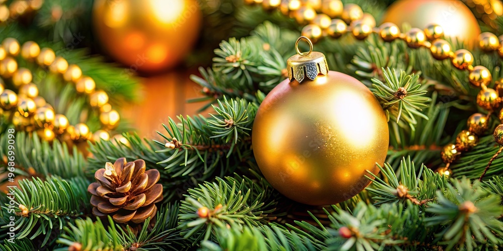 Close-up of a golden bauble on a Christmas wreath, showcasing festive decoration and holiday spirit Close-up of a golden bauble on a Christmas wreath, showcasing festive decoration and holiday spirit