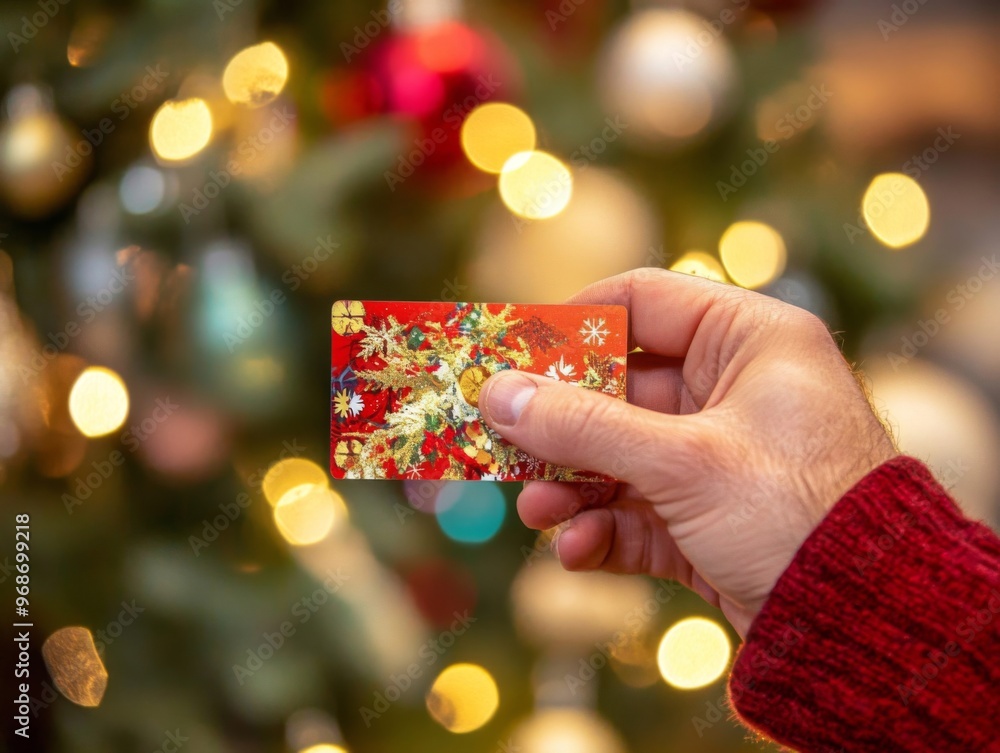 Hand Holding a Christmas-Themed Gift Card Against a Blurred Christmas Tree Background Hand Holding a Christmas-Themed Gift Card Against a Blurred Christmas Tree Background