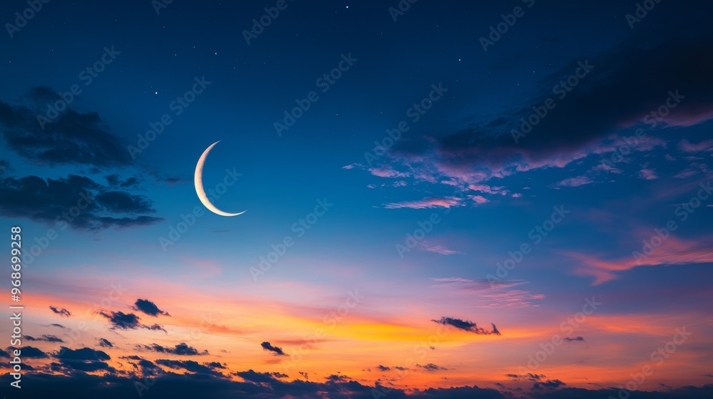 Crescent moon in vibrant dusk sky with Crescent moon in vibrant dusk sky with