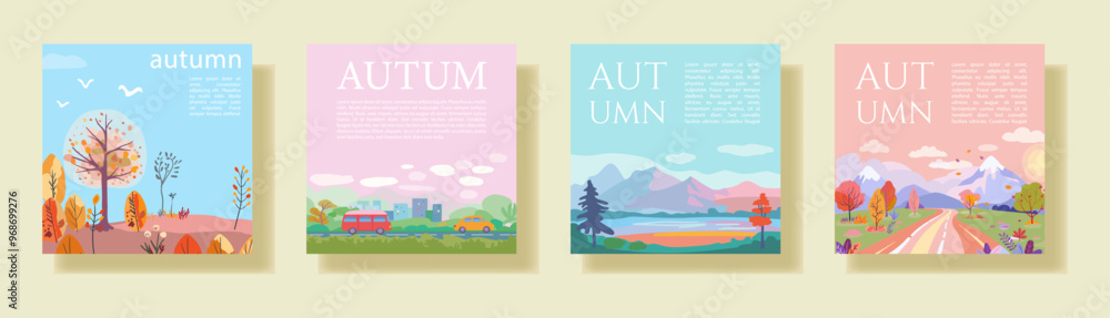 Naklejka premium A collection of four square vector posters, each depicting an autumn-themed illustration. The designs include landscapes, foliage, and seasonal elements in a flat, pastel-toned style, perfect for