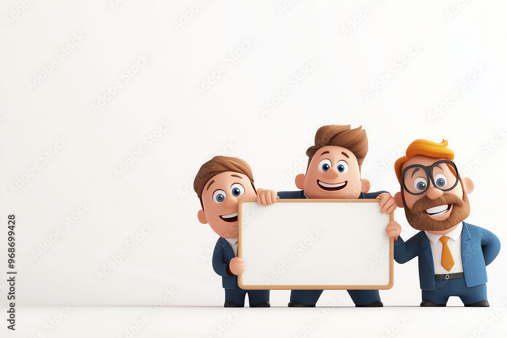Three cheerful cartoon characters holding a blank sign against a plain background, ideal for customizable marketing messages. Three cheerful cartoon characters holding a blank sign against a plain background, ideal for customizable marketing messages.