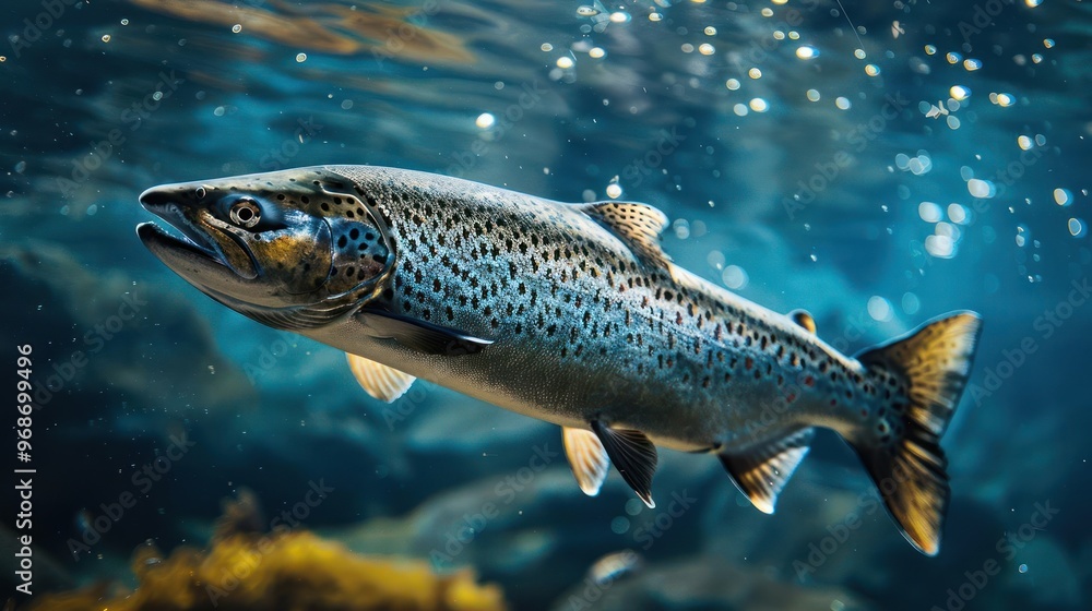 Fototapeta premium Large adult Atlantic salmon with distinctive blue-green spots,