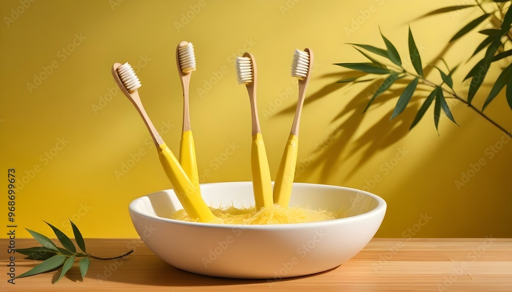 Eco toothbrushes. Bamboo toothbrushes cup, natural soap, plastic free ear sticks, wooden hair brush and white towels on gray stone background Eco toothbrushes. Bamboo toothbrushes cup, natural soap, plastic free ear sticks, wooden hair brush and white towels on gray stone background